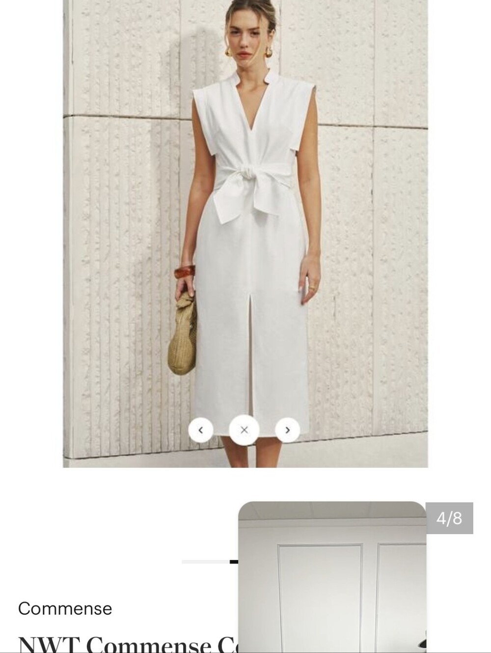 Commense Maxi Dress Sleeveless V'Neck Bow Split Cotton Linen White Belted S NWT - Picture 3 of 7